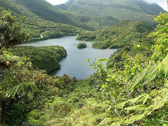 Aerial view of Morne Trois Pitons National Park with rainforest and volcanic peaks