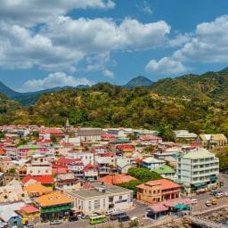 View of Douglas Bay and Cabrits Peninsula in Dominica from a scenic coastal trail