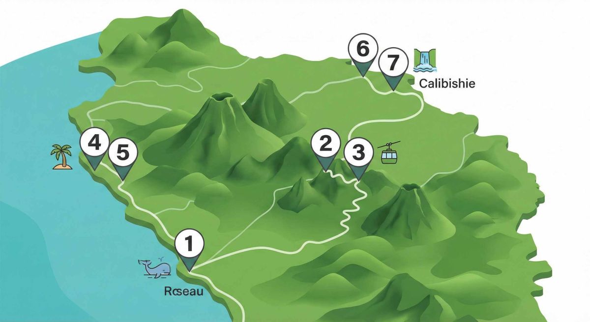 A stylized map of Dominica showing a 7-day travel route with major stops.