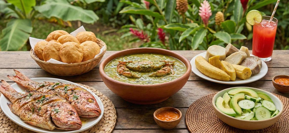 A table spread with authentic Dominica Creole Cuisine including Callaloo, grilled fish, and provisions.