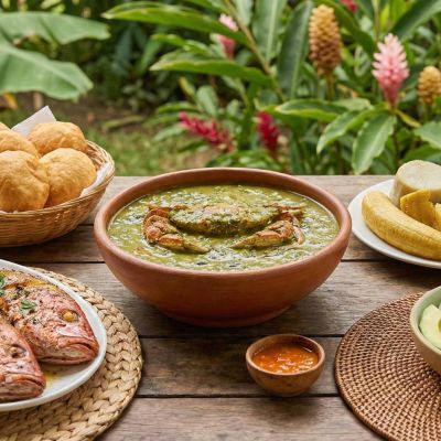 A table spread with authentic Dominica Creole Cuisine including Callaloo, grilled fish, and provisions.
