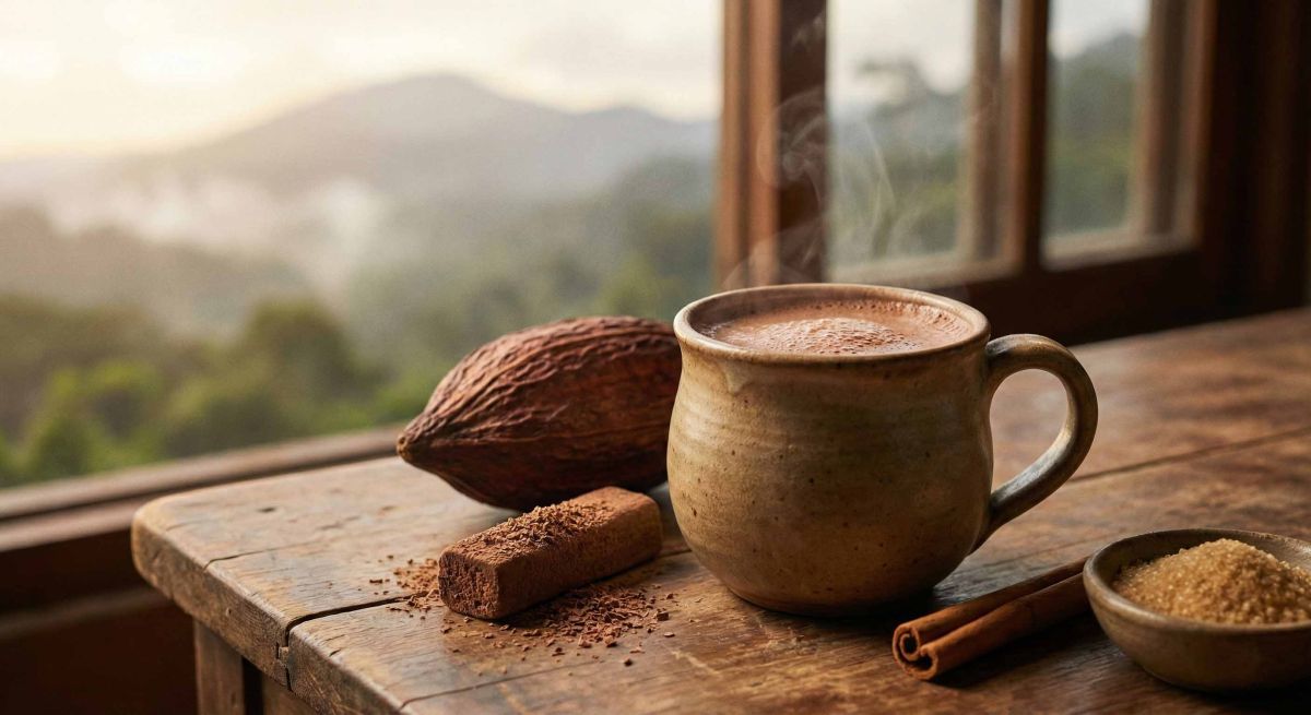 A mug of traditional Dominican Cocoa Tea with raw cocoa sticks and spices.