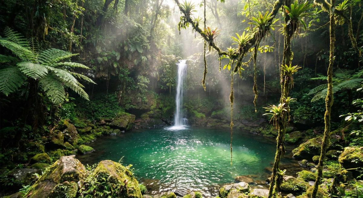 The iconic Emerald Pool waterfall surrounded by lush tropical ferns in Dominica.