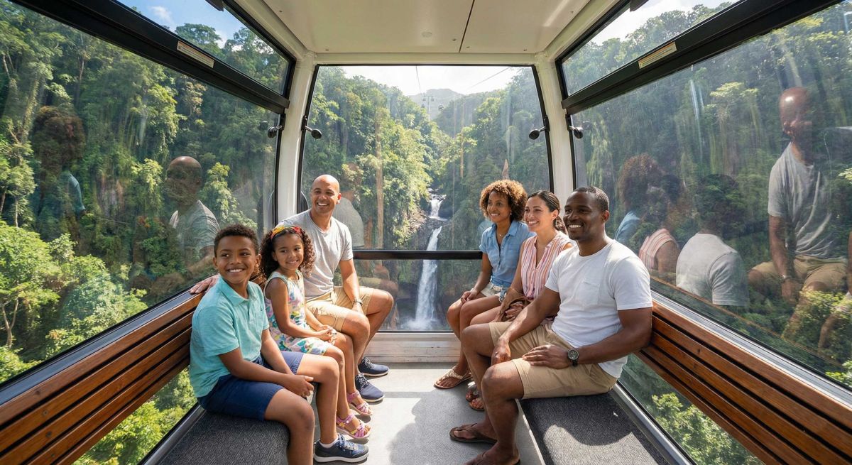 Tourists inside a glass-walled Dominica Cable Car cabin looking out at the rainforest and waterfalls.