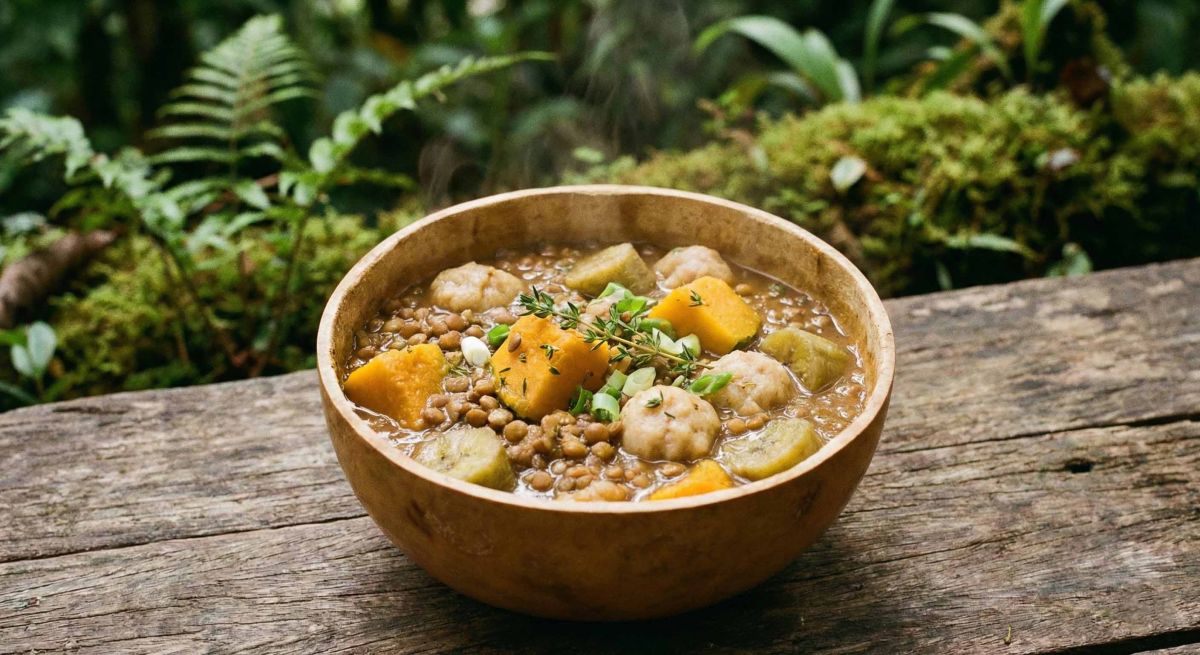 A hearty plant-based Ital stew served in a traditional calabash bowl in Dominica.