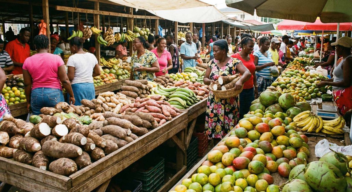 Fresh ground provisions like dasheen and yams at the Roseau Market in Dominica.