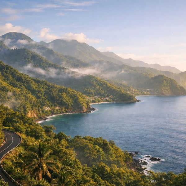 Panoramic view of Dominica’s green mountains and Caribbean coast during the best time to visit
