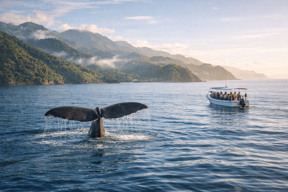 Whale watching boat in Dominica during whale season with mountainous coastline in the background