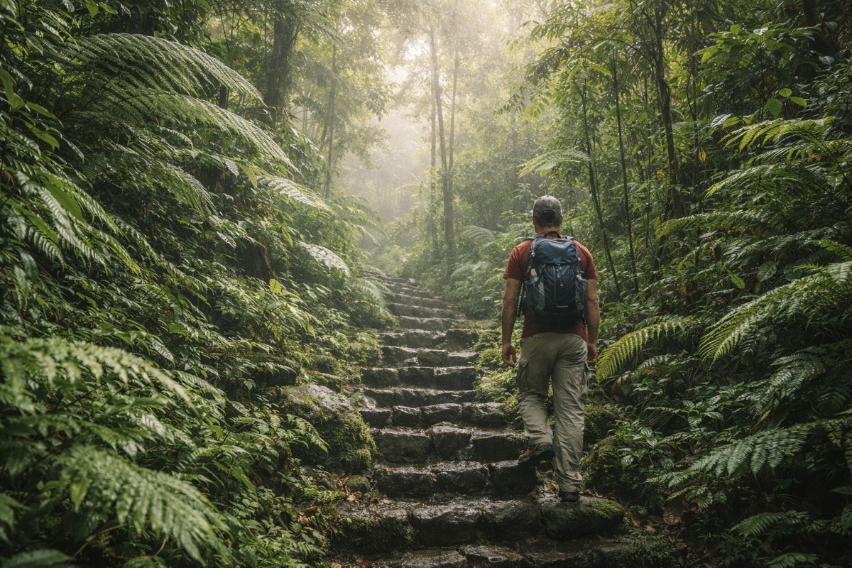 Rainforest hiking trail in Dominica during the dry season