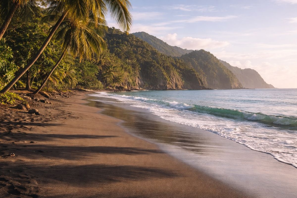 Quiet beach in Dominica during shoulder season with volcanic sand and tropical landscape